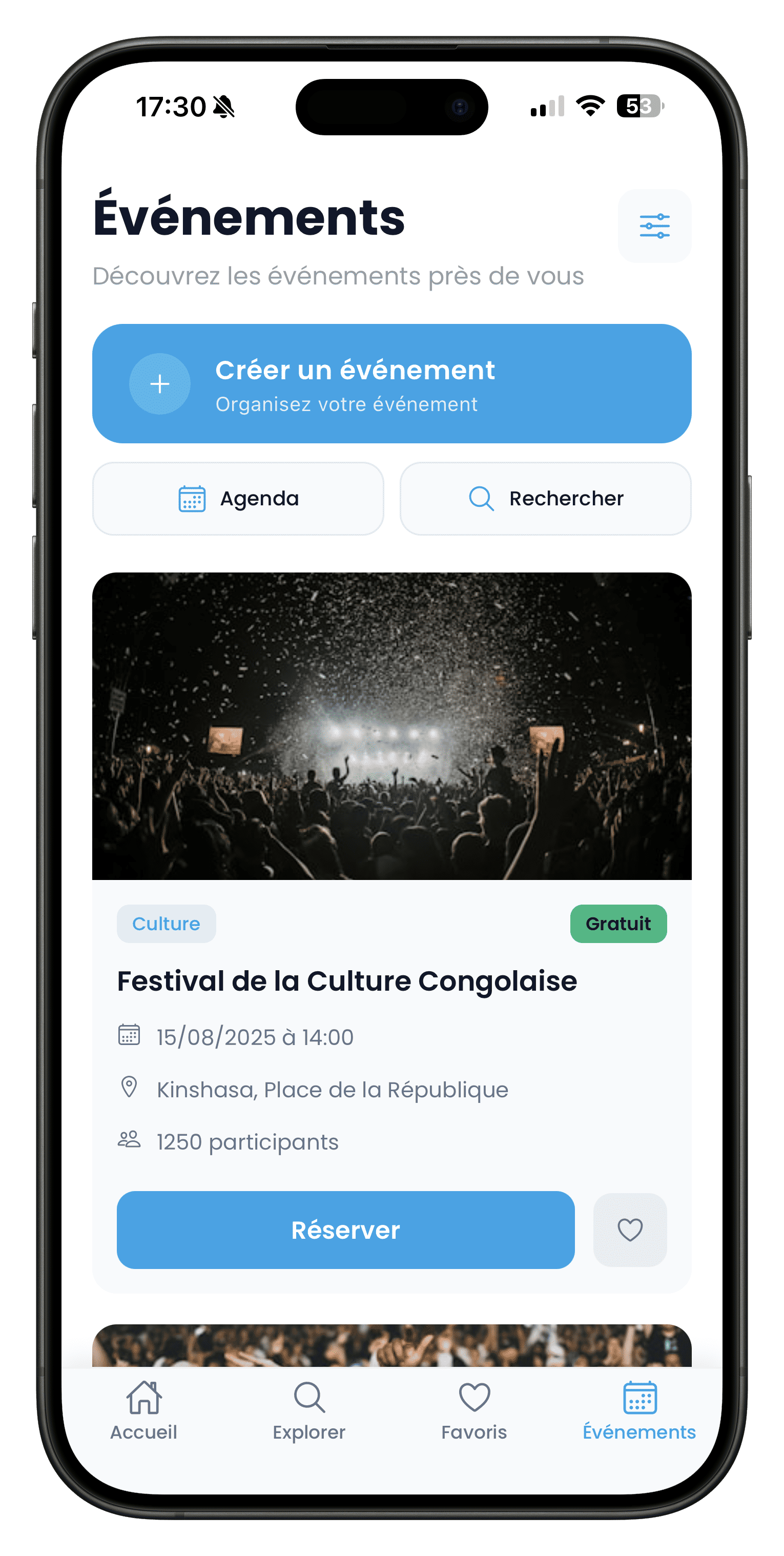 Aperçu de l’écran événements de l’app Excursio