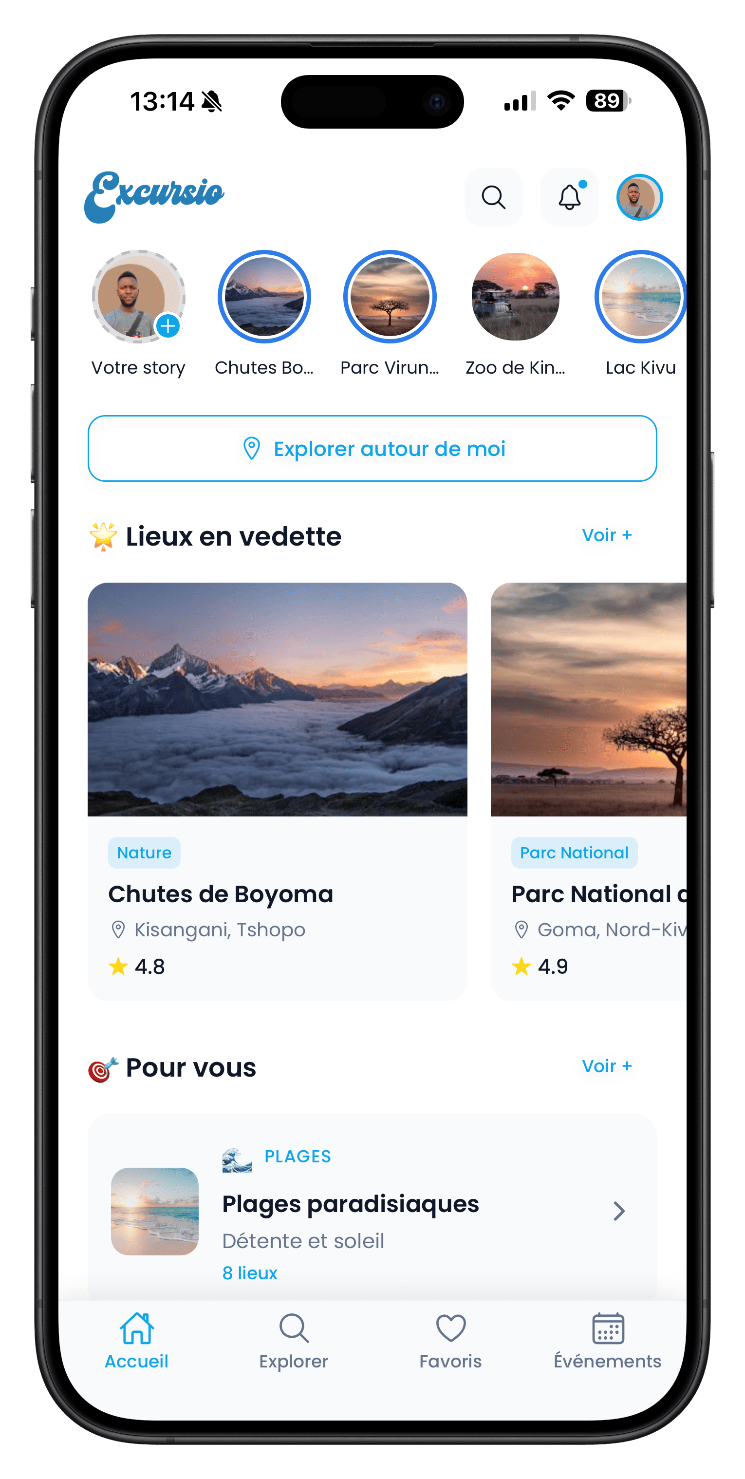 Aperçu de l’écran d’accueil de l’app Excursio